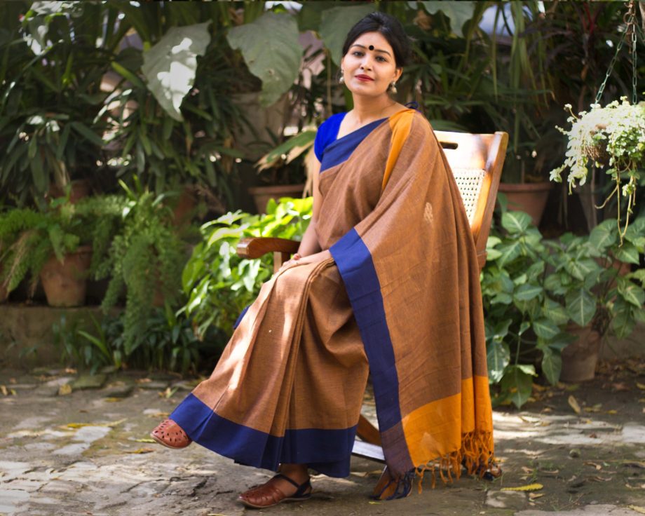 handloom cotton ochre saree