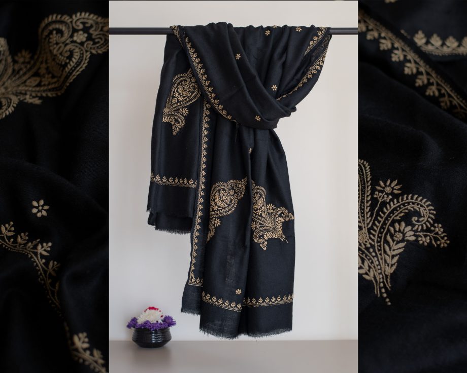 Black pashmina with chikankari embroidery kashmir and lucknow